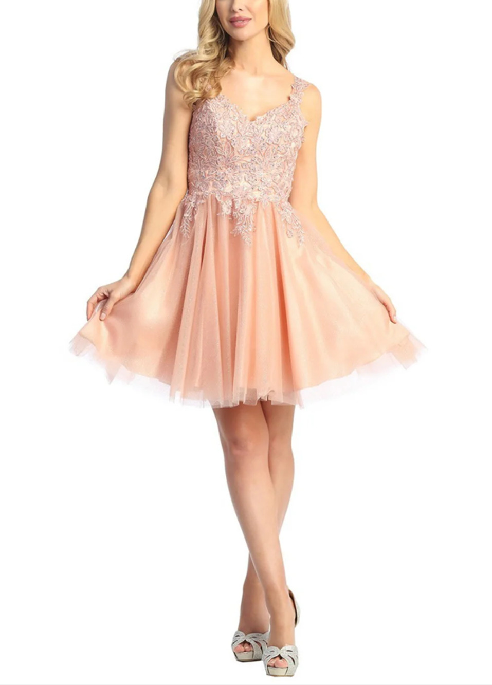 Let's Embellished Bodice Tulle Skirt Mini Dress Lace Sz S Blush Cocktail Prom